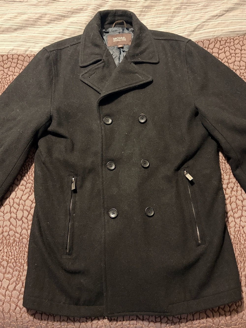 Michael Kors Black Double-Breasted Men’s Peacoat with Zipper Pockets